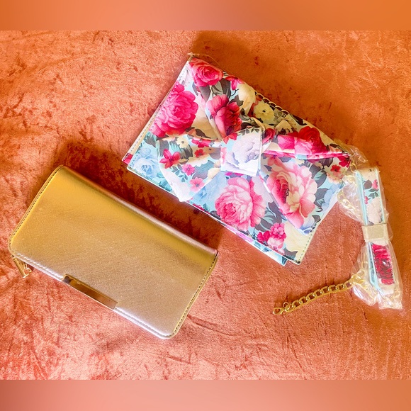 Pink & Blue Floral Bow Chain Strap Fold Over Medium Clutch Cross Body Bag - Picture 5 of 12